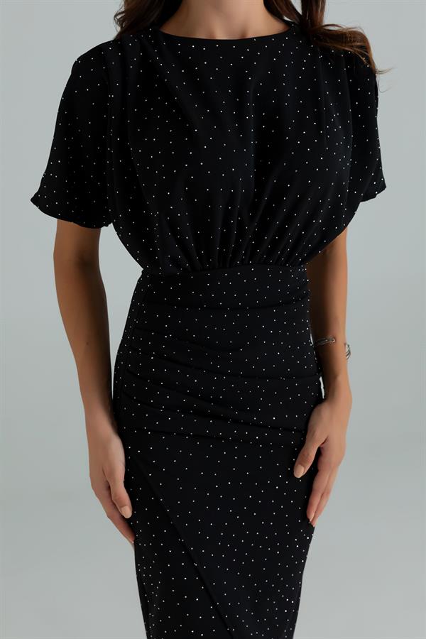 Yarasa Kol Taşlı Elbise - SİYAH