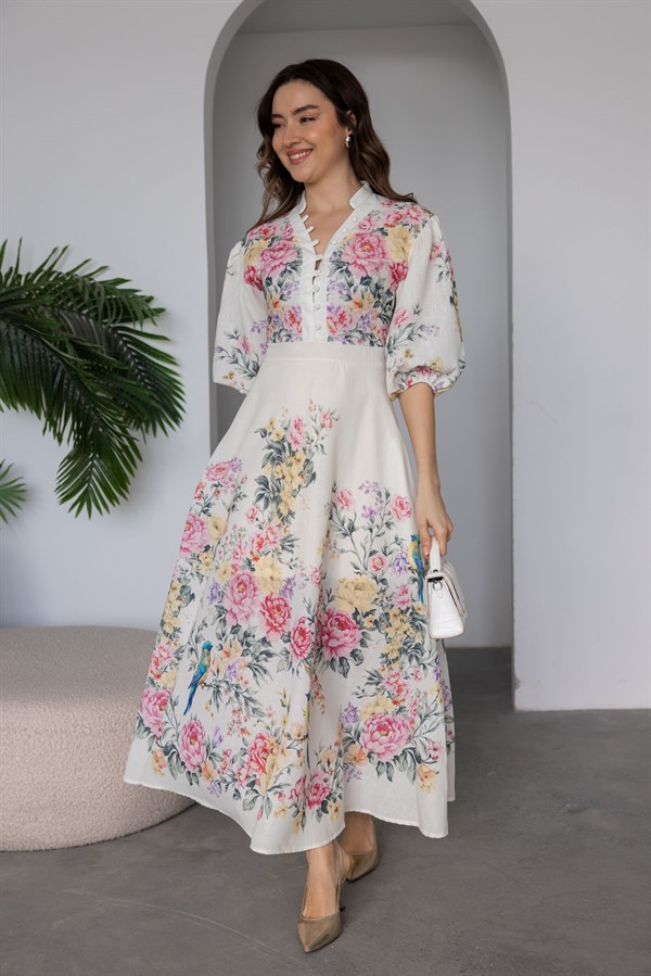 Yarım Kol Çiçekli Keten Elbise - EKRU