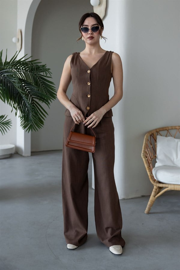 Yelekli Keten Takım - KAHVERENGİ