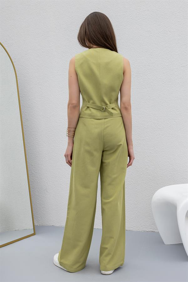 Yelekli Keten Takım - YAĞ YEŞİLİ