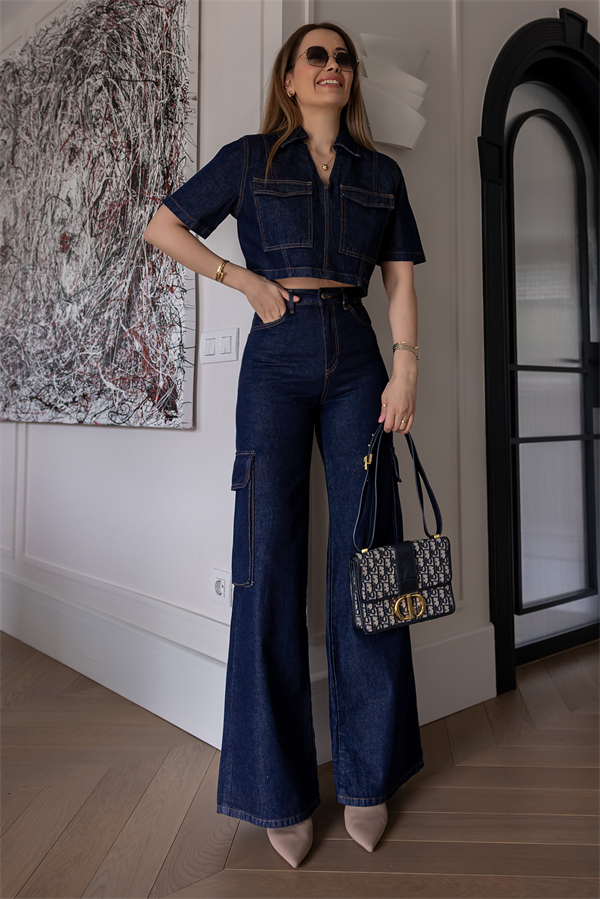 Yıkamalı Kargo Cep Denim Takım - LACİVERT