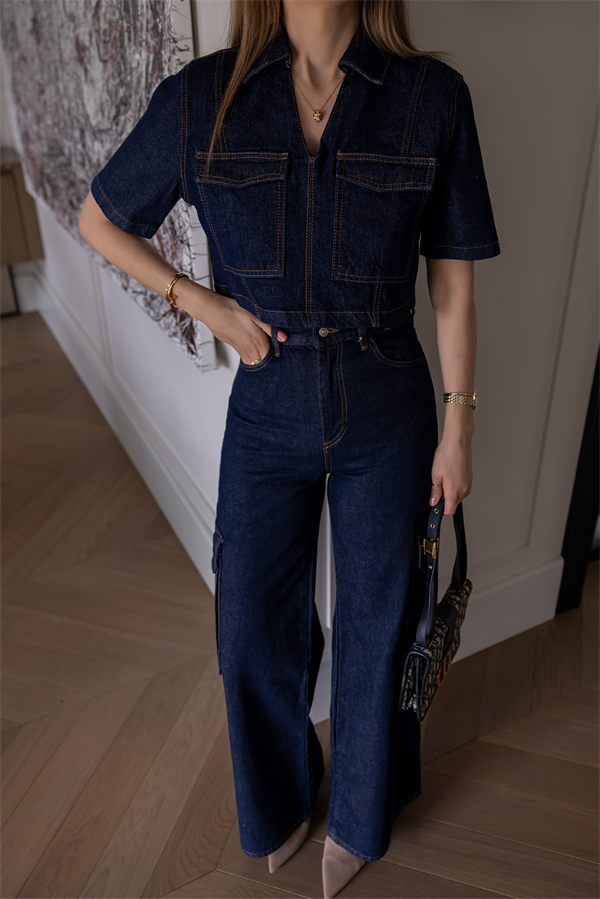 Yıkamalı Kargo Cep Denim Takım - LACİVERT