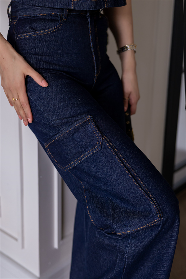 Yıkamalı Kargo Cep Denim Takım - LACİVERT
