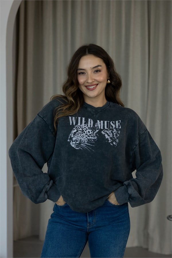 Yıkamalı Leopar Baskılı Oversize Sweat - ANTRASİT