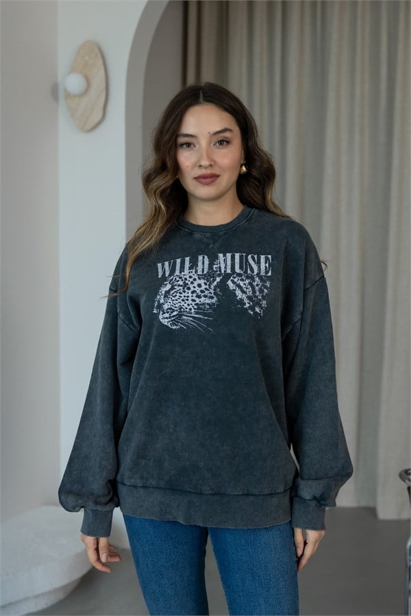 Yıkamalı Leopar Baskılı Oversize Sweat - ANTRASİT