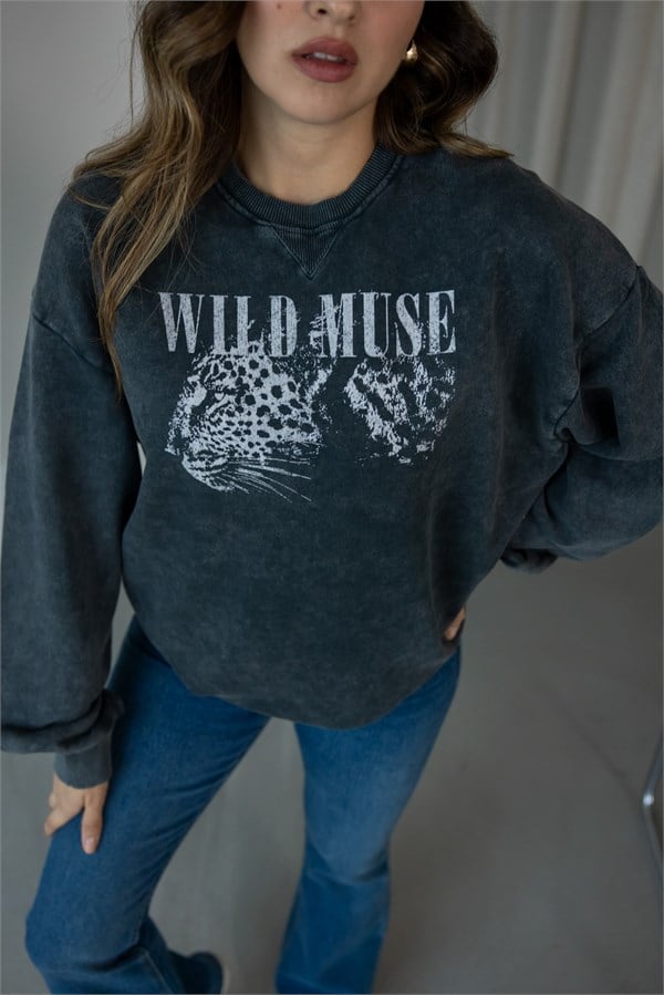 Yıkamalı Leopar Baskılı Oversize Sweat - ANTRASİT