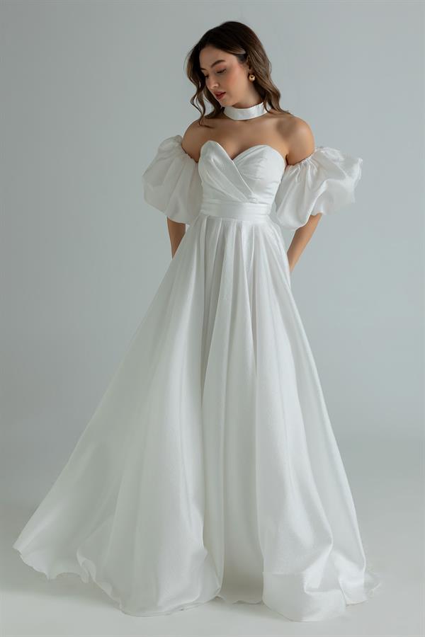 Yırtmaçlı Balon Kol Abiye - BEYAZ