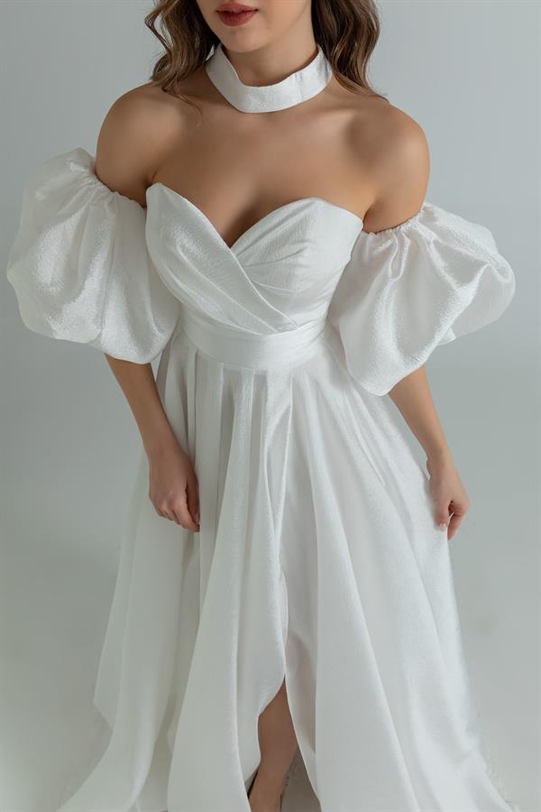 Yırtmaçlı Balon Kol Abiye - BEYAZ