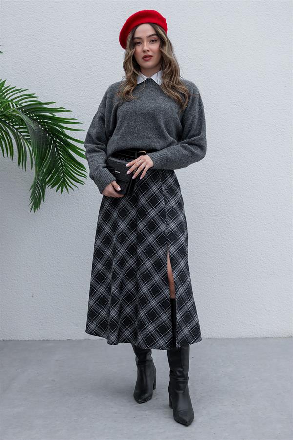 Yırtmaçlı Ekose Etek - ANTRASİT