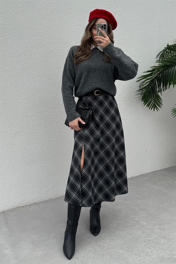 Yırtmaçlı Ekose Etek - ANTRASİT