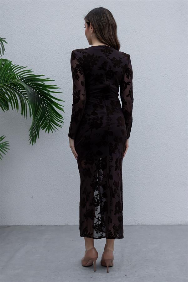 Yırtmaçlı Flok Baskılı Elbise - KAHVERENGİ