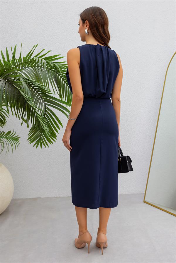Yırtmaçlı Kalem Elbise - LACİVERT
