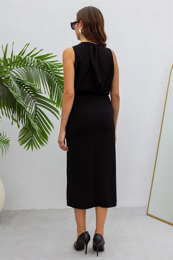 Yırtmaçlı Kalem Elbise - SİYAH