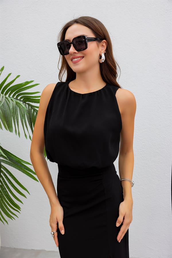 Yırtmaçlı Kalem Elbise - SİYAH