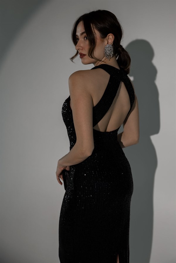 Yırtmaçlı Payetli Abiye - SİYAH