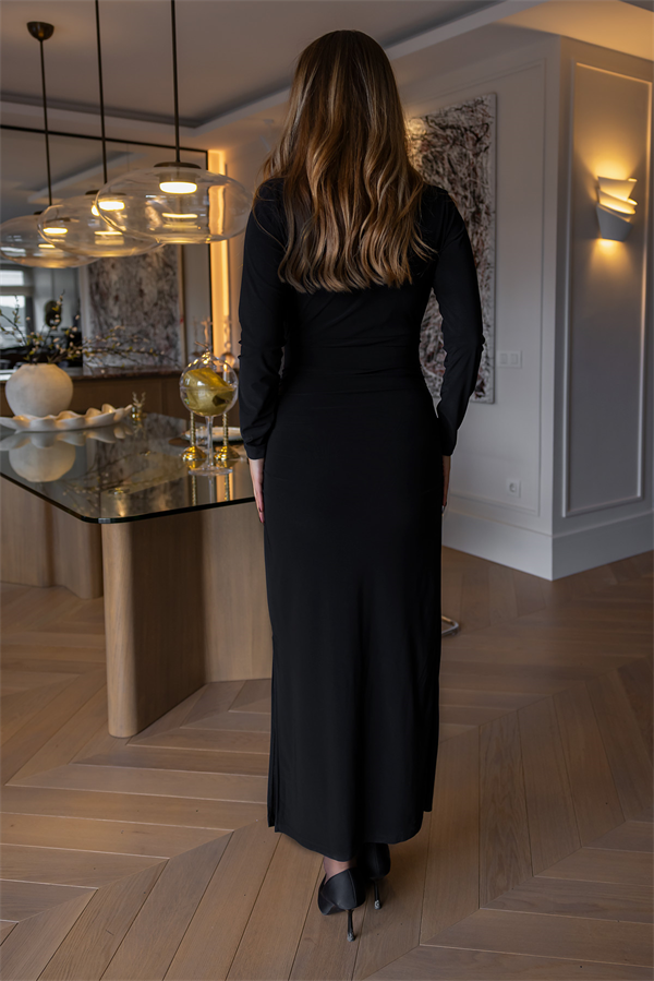 Yırtmaçlı Sandy Elbise - SİYAH