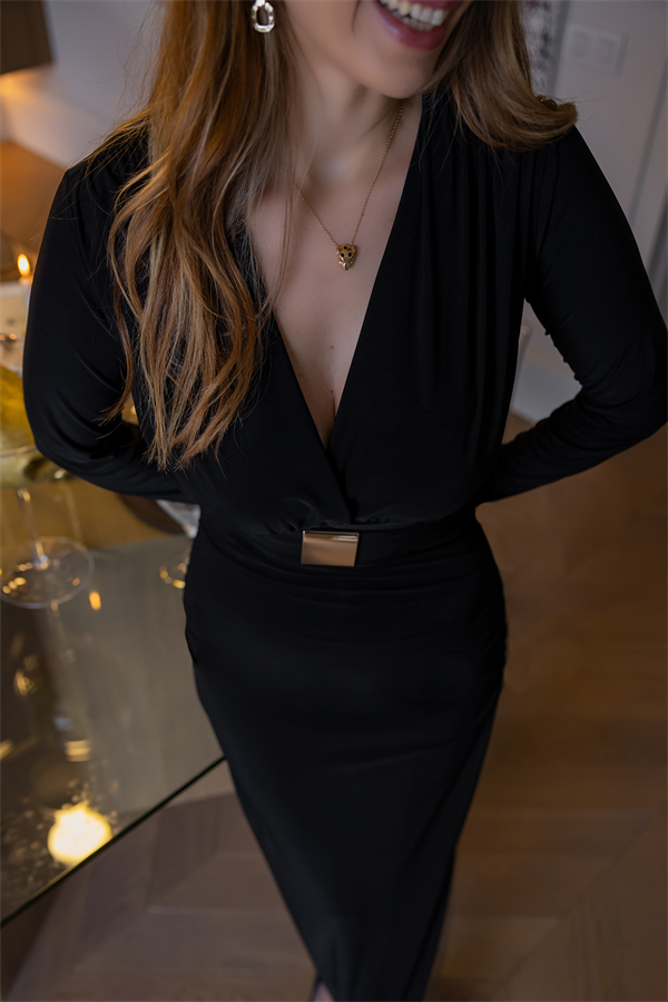 Yırtmaçlı Sandy Elbise - SİYAH