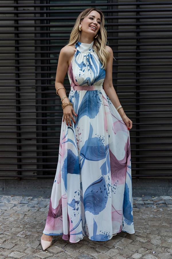 Chiffon Dress with Slit - Blue