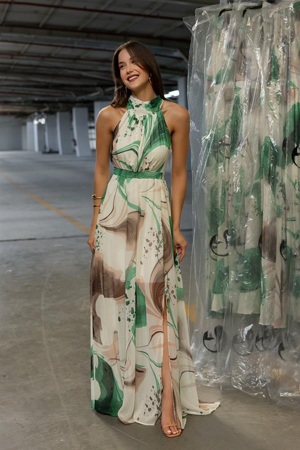 Chiffon Dress with Slit - Green