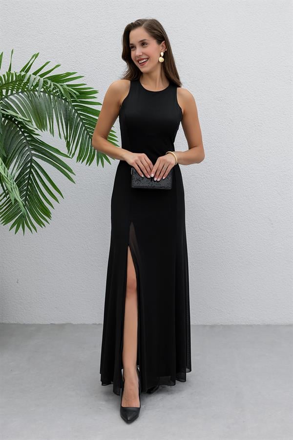 Yırtmaçlı Tül Elbise - SİYAH