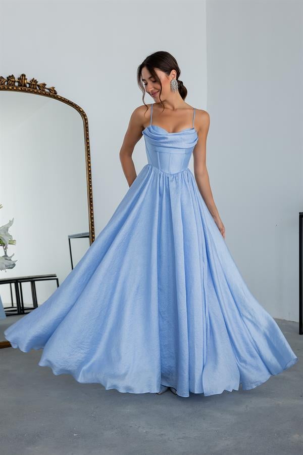 Yırtmaçlı Saten Uzun Abiye - BEBE MAVİSİ