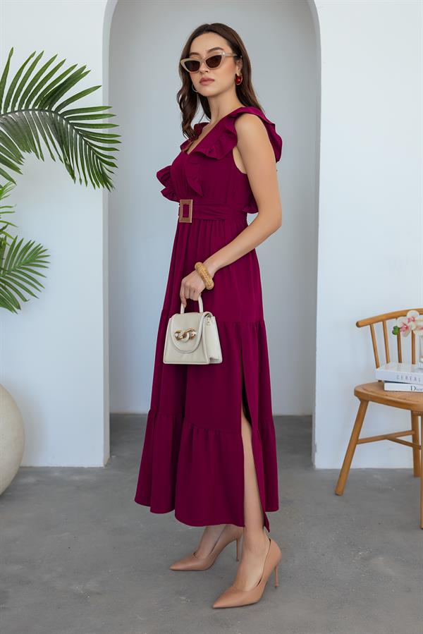 Yırtmaçlı Uzun Elbise - BORDO