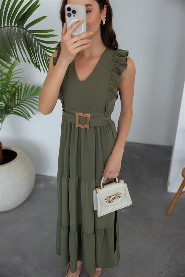 Yırtmaçlı Uzun Elbise - HAKİ