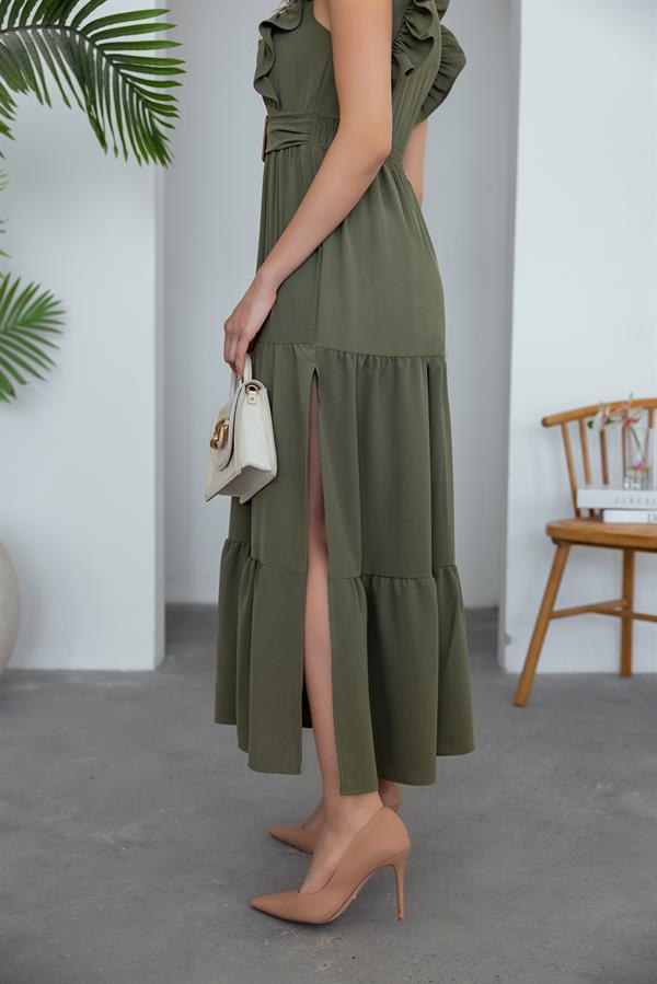 Yırtmaçlı Uzun Elbise - HAKİ