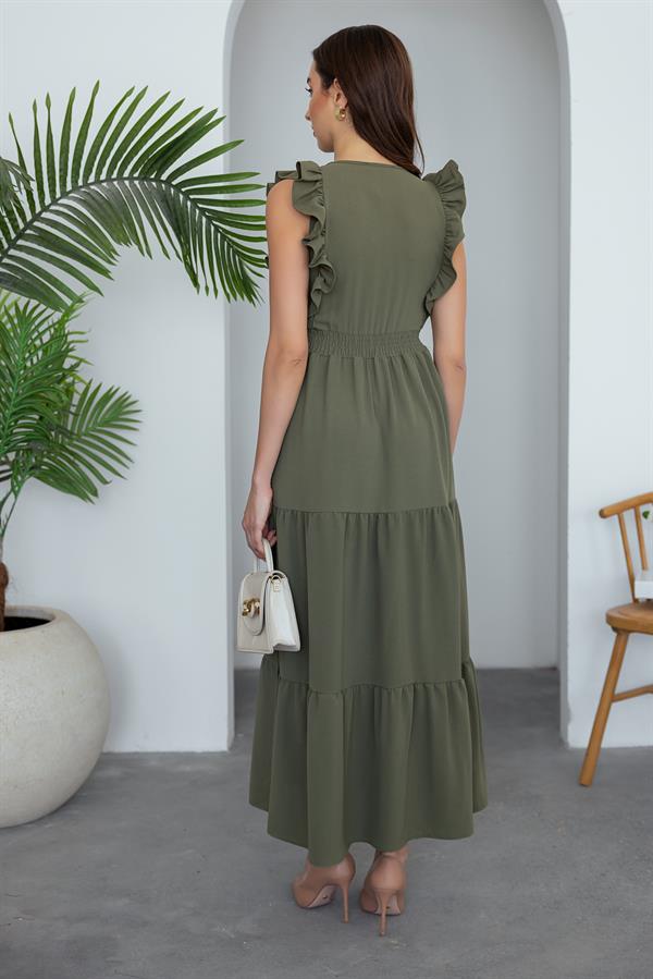 Yırtmaçlı Uzun Elbise - HAKİ