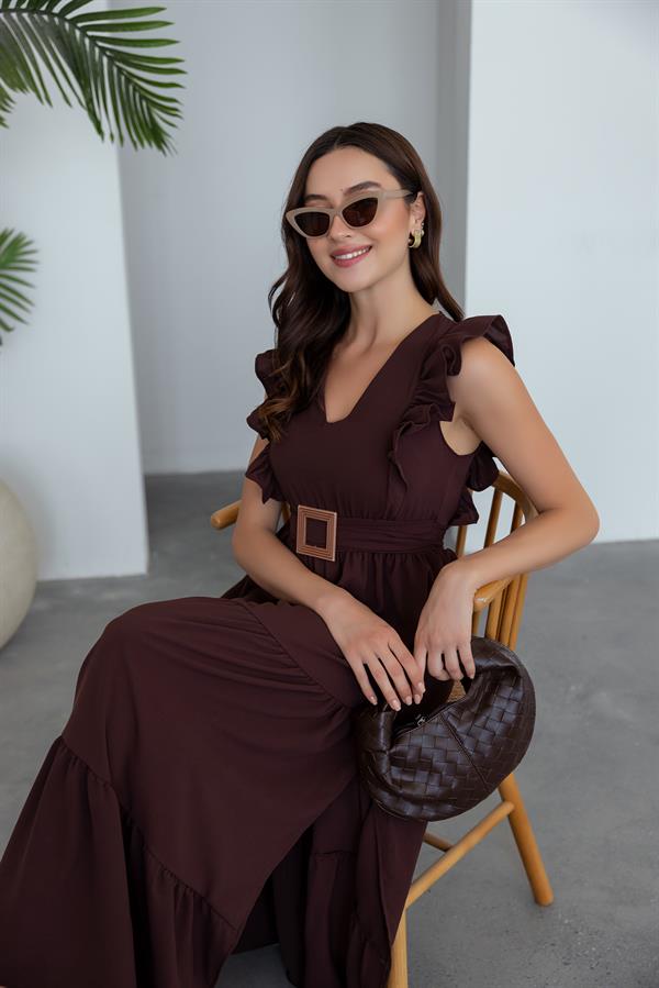 Yırtmaçlı Uzun Elbise - KAHVERENGİ