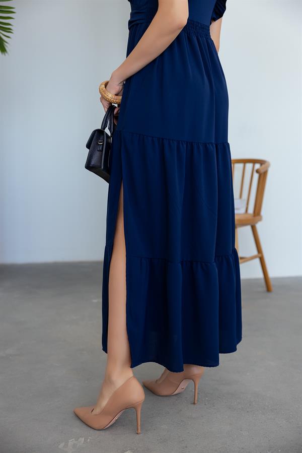 Yırtmaçlı Uzun Elbise - LACİVERT