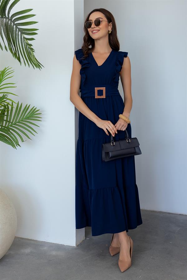 Yırtmaçlı Uzun Elbise - LACİVERT