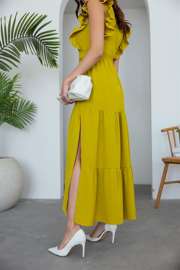 Yırtmaçlı Uzun Elbise - YAĞ YEŞİLİ