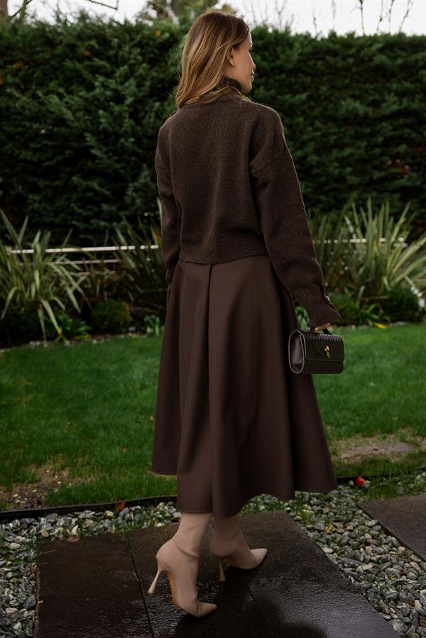 Yırtmaçlı Uzun Kloş Etek - KAHVERENGİ
