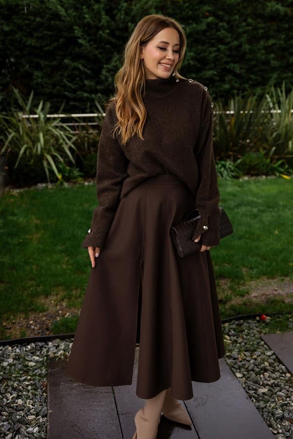 Yırtmaçlı Uzun Kloş Etek - KAHVERENGİ