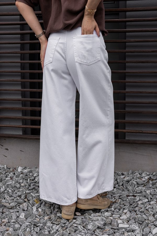 Yüksek Bel Kemerli Denim Jean - BEYAZ