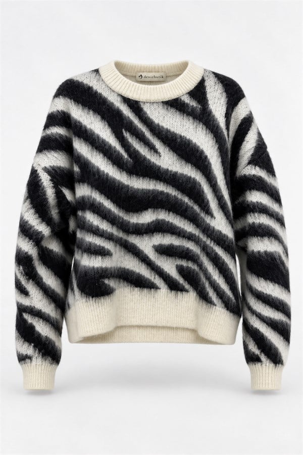 Zebra Desen Yumuşak Dokulu Kazak - EKRU-SİYAH