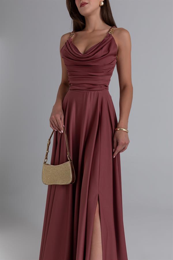 Zincir Askılı Şifon Abiye - BAKIR