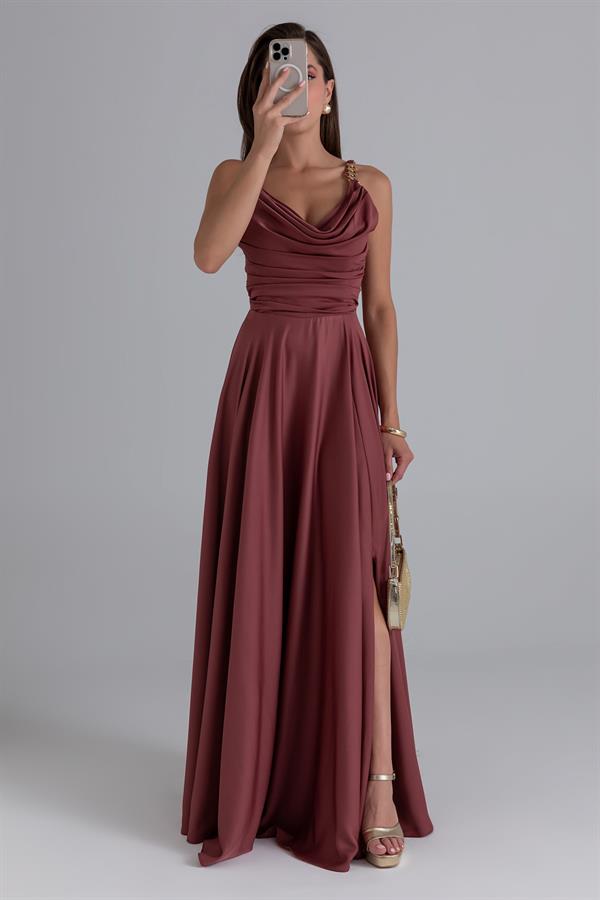 Zincir Askılı Şifon Abiye - BAKIR