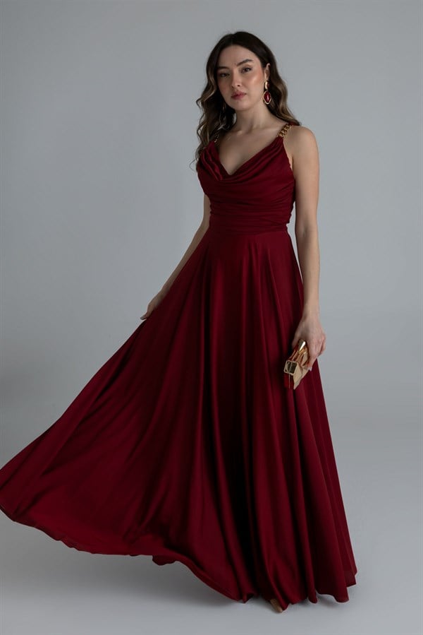 Zincir Askılı Şifon Abiye - BORDO