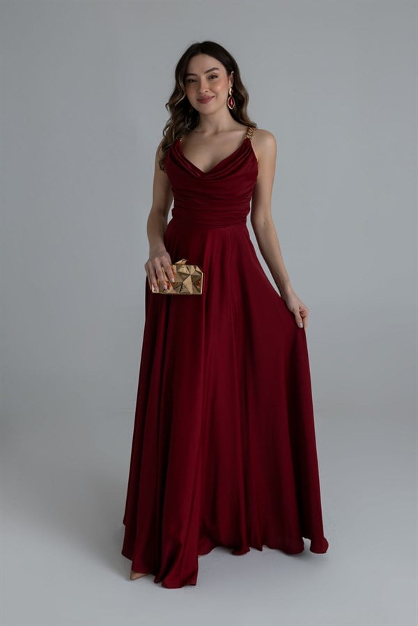 Zincir Askılı Şifon Abiye - BORDO