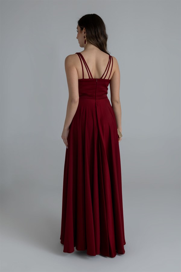 Zincir Askılı Şifon Abiye - BORDO