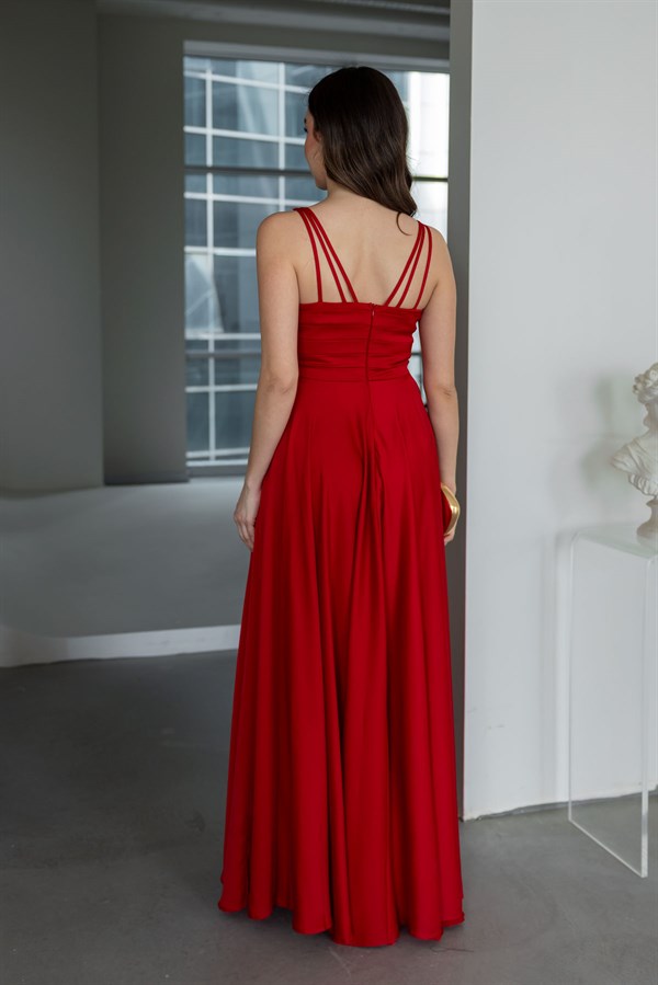 Zincir Askılı Şifon Abiye - KIRMIZI