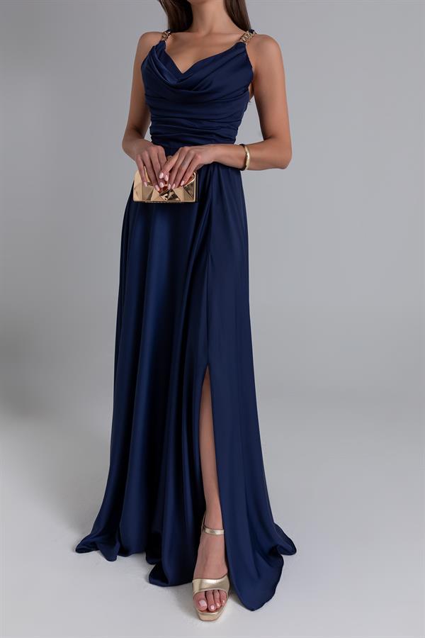 Zincir Askılı Şifon Abiye - LACİVERT