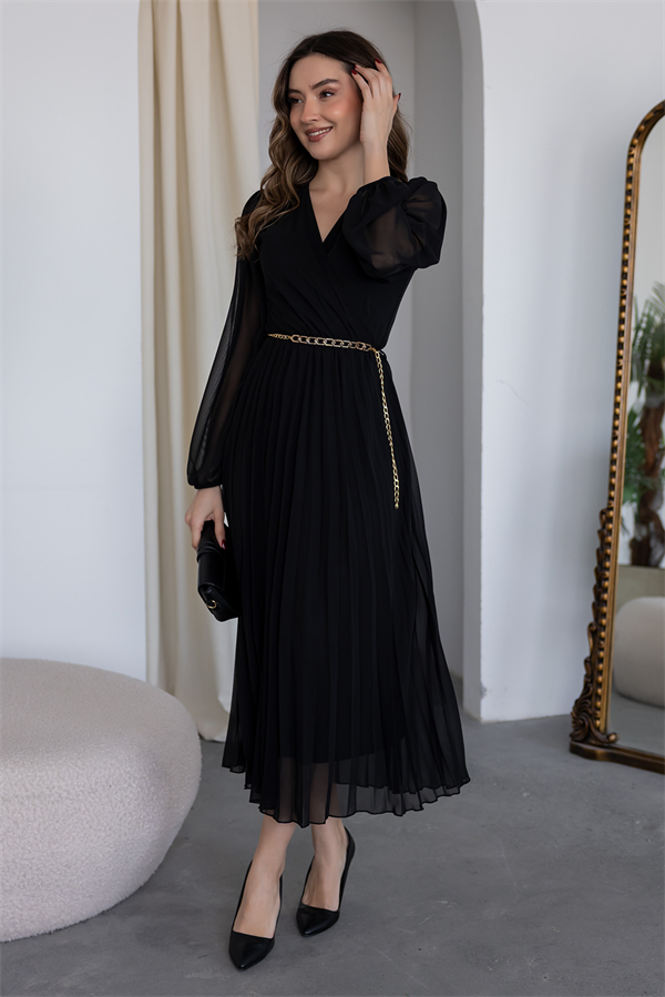 Zincir Kemerli Pileli Elbise - SİYAH