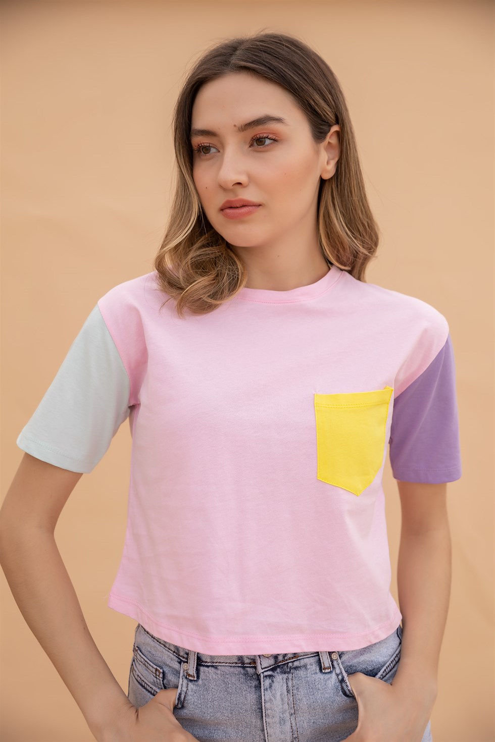 Blok Renkli T-Shirt - PEMBE