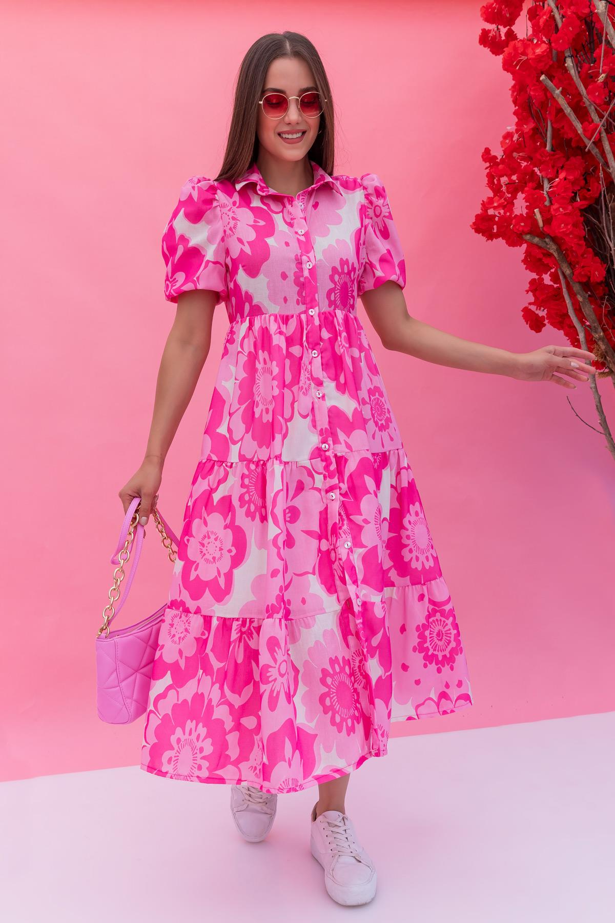 Floral Balon Kol Elbise PEMBE floral-balon-kol-elbise-pembe