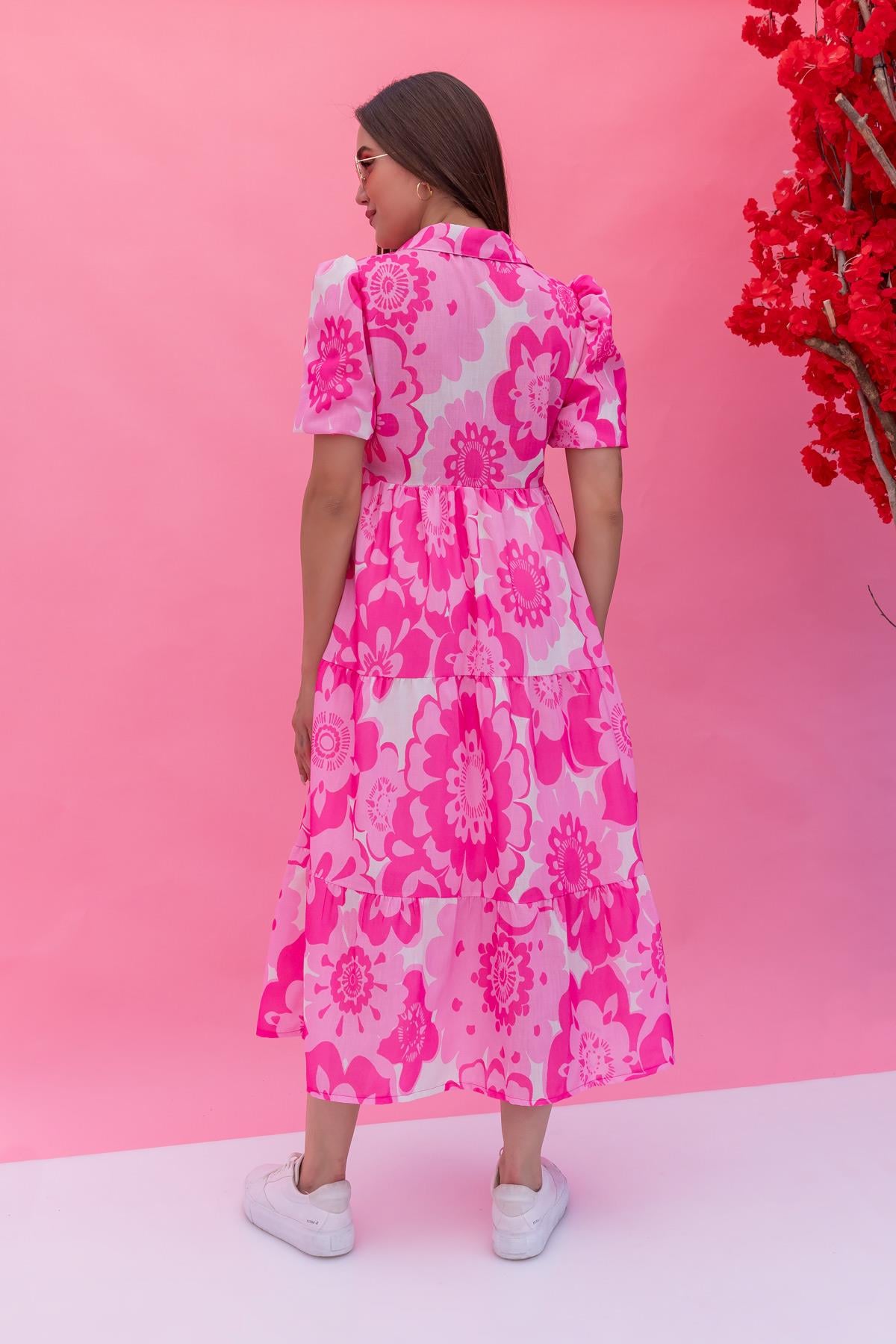 Floral Balon Kol Elbise PEMBE floral-balon-kol-elbise-pembe