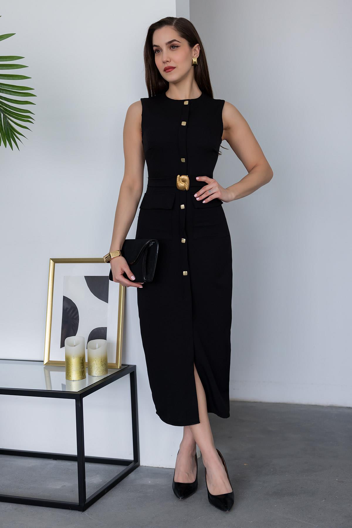 Gold Button Pencil Dress Black