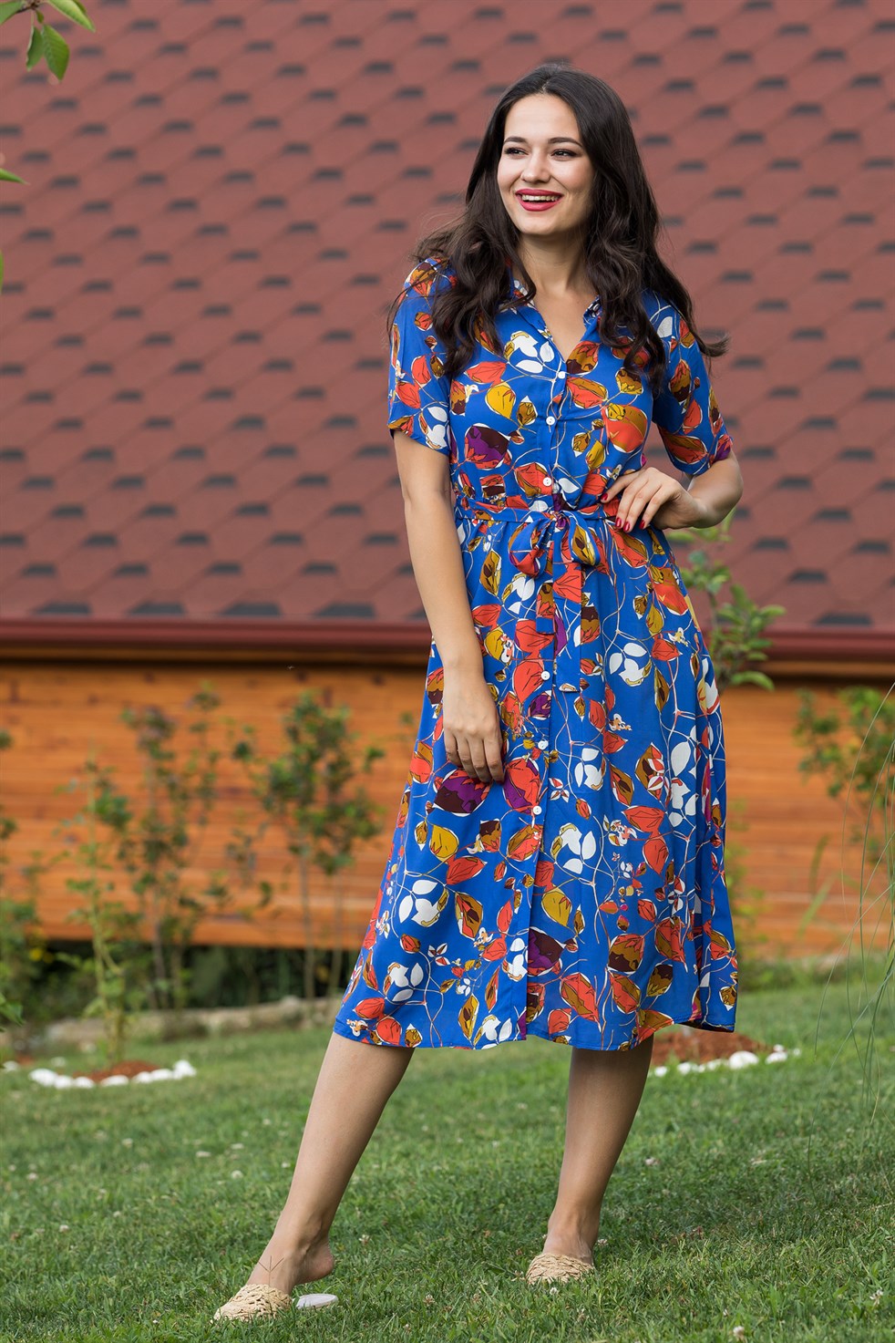 Kısa Kol Turuncu Çiçek Elbise - MAVİ